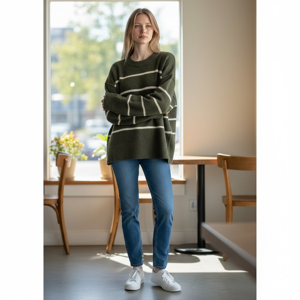 Aerie Womens XS Olive Cream Striped Oversized Crew Neck Knit Sweater
Lagenlook